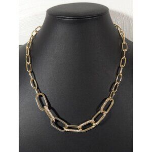 Gold Tone Rhinestone Paperclip Chain Necklace Statement Glam Evening 19 in